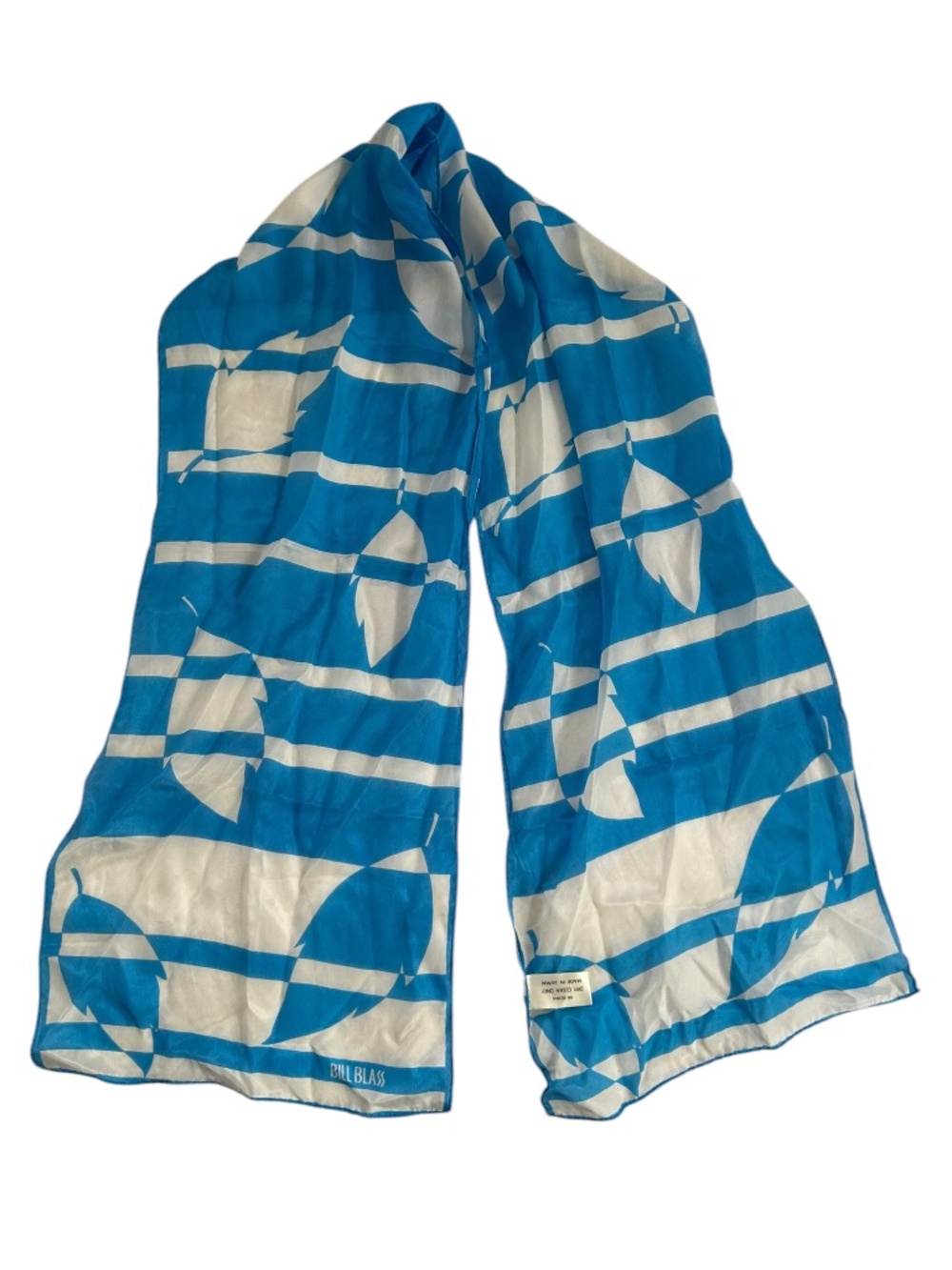 Bill Blass blue white stripes leaves print 100% Silk scarf